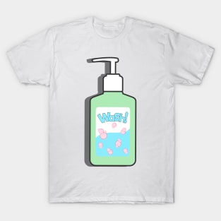 hand sanitizer on green T-Shirt